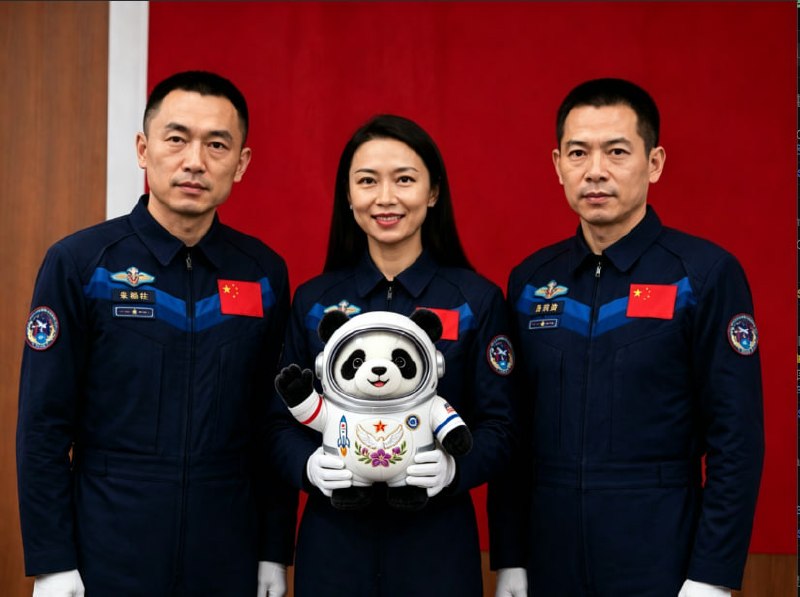 神舟二十三号航天员与天舟仔吉祥物合影